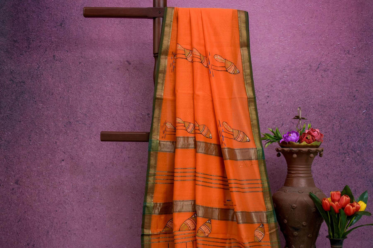 Hand Painted Orange Cotton Saree by Kalakriti Weaves PSKL340013