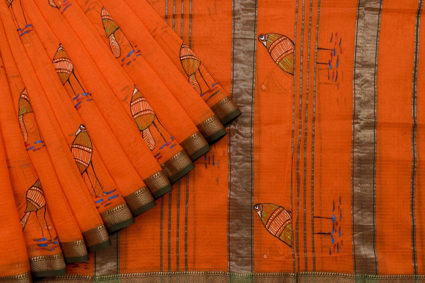 Hand Painted Orange Cotton Saree by Kalakriti Weaves PSKL340013