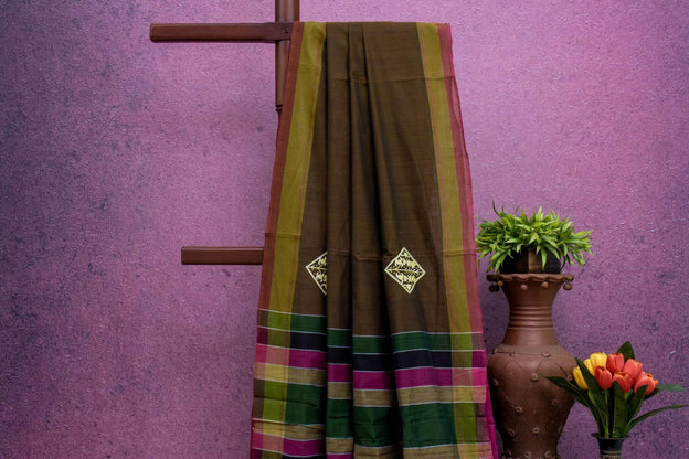 Hand Embroidered Brown Silk Cotton Saree by Kalakriti Weaves PSKL340053