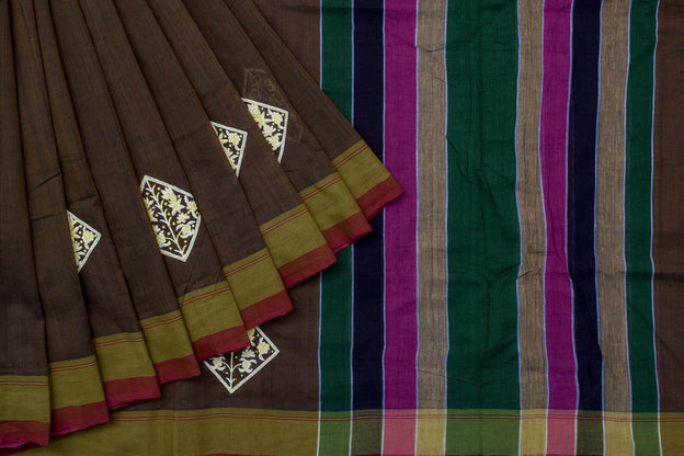 Hand Embroidered Brown Silk Cotton Saree by Kalakriti Weaves PSKL340053