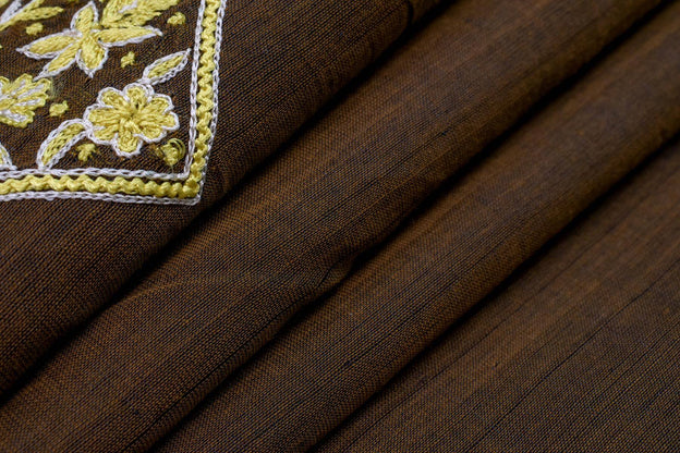 Hand Embroidered Brown Silk Cotton Saree by Kalakriti Weaves PSKL340053