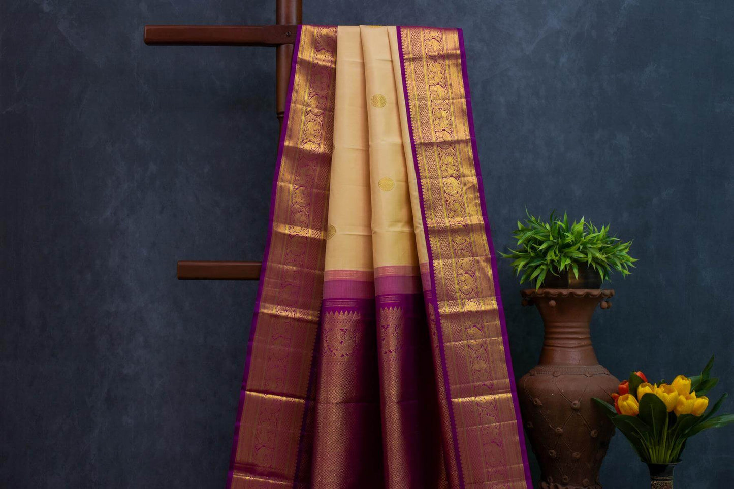 Beige Kanjivaram Silk Saree with Purple Borders & Intricate Paloo by Shreenivas Silks PSSR014856