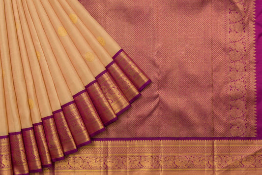 Beige Kanjivaram Silk Saree with Purple Borders & Intricate Paloo by Shreenivas Silks PSSR014856