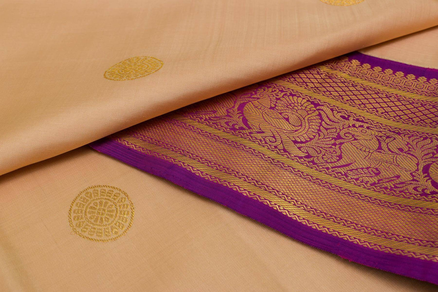 Beige Kanjivaram Silk Saree with Purple Borders & Intricate Paloo by Shreenivas Silks PSSR014856